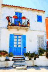 A glimpse of the traditional colorful buildings in a small town near the sea in Sardinia. Digital painting.