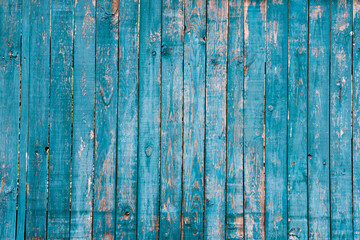 Fototapeta na wymiar light blue bright old wooden fence, aged texture, background