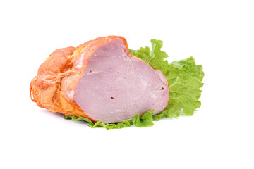 Smoked meat in a large piece on top with cherry tomatoes. Isolated on a white background.clipping path.