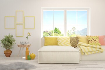 White living room with sofa and summer landscape in window. Scandinavian interior design. 3D illustration