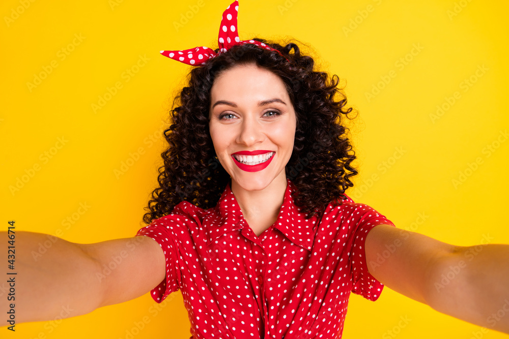 Sticker Photo of optimistic nice brunette lady do selfie wear shirt isolated on yellow color background