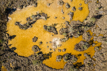 Aerial view of colorful sulfur ponds in swamp, Kemeri, Latvia.