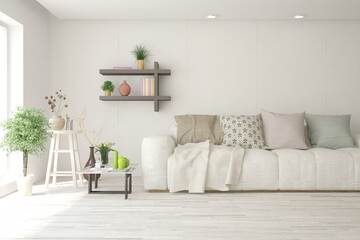 Soft color living room with sofa. Scandinavian interior design. 3D illustration