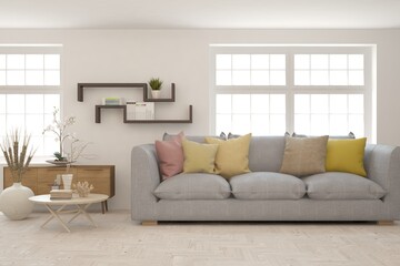 White living room with sofa. Scandinavian interior design. 3D illustration