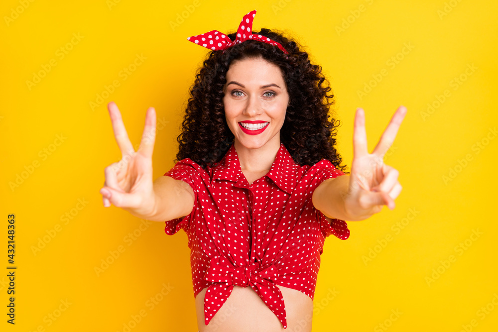 Sticker photo of cute optimistic brunette hair lady show v-sign wear red top isolated on yellow color backgr