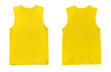 Blank muscle jersey tank top color yellow front and back view on white background
