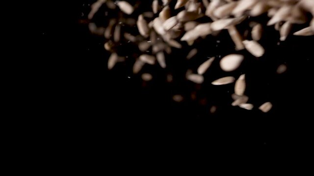 A pile of sunflower kernel are emptied in a studio with black background.