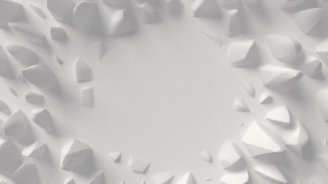 Abstract white landscape with moving cubes. Loopable geometric terrain motion. With a blank space in the center.