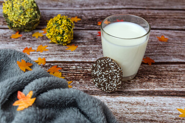Milk with cookies in autumn style on chalkboard