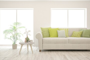 Soft color living room with sofa. Scandinavian interior design. 3D illustration