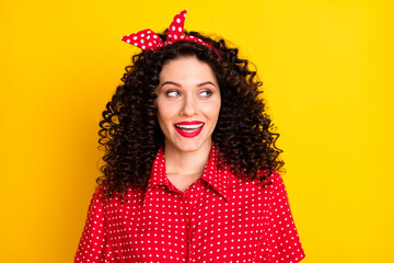 Photo of attractive charming young woman look empty space retro outfit isolated on shine yellow color background