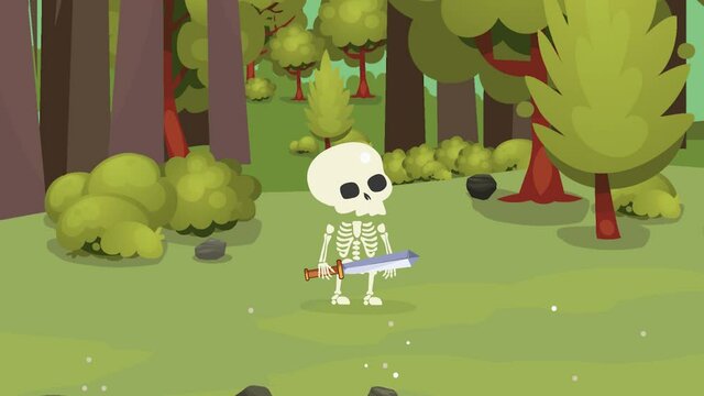RPG Game Skeleton Holding a One handed Sword is attacking and swinging his sword in the forest