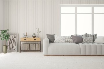 White living room with sofa. Scandinavian interior design. 3D illustration