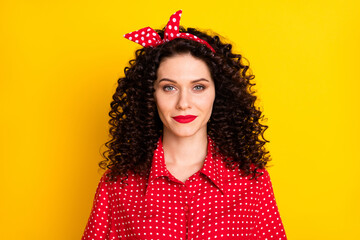 Portrait of nice optimistic brunette curly hair lady wear red band shirt isolated on bright yellow color background