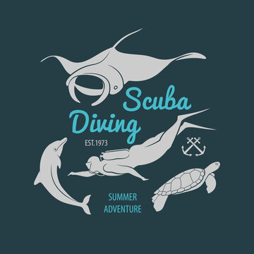 Scuba Diving Sport Club Badge, Emblem or Logo design template. Vector illustration	