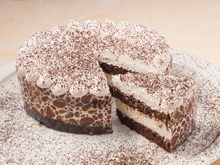 tiramisu cake on a white plate, decorated with cocoa powder