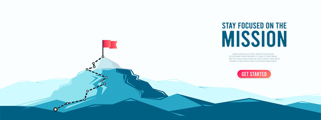 Flag on the mountain peak. Business concept of goal achievement or success. Flat style illustration