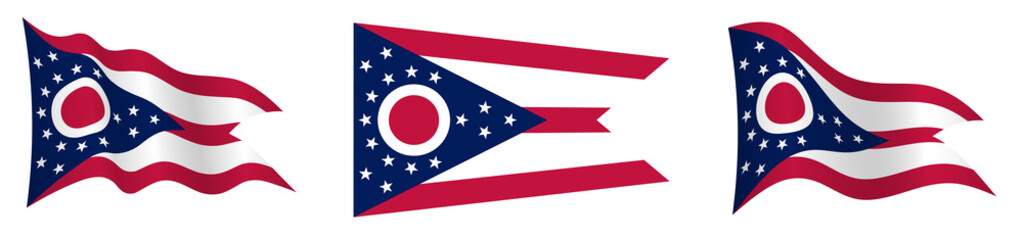 flag of american state of Ohio in static position and in motion, fluttering in wind in exact colors and sizes, on white background