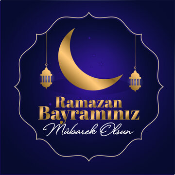 Eid al-Fitr Mubarak Islamic Feast Greetings (Turkish: Ramazan Bayraminiz Mubarek Olsun) Holy month of muslim community Ramazan. Billboard, Poster, Social Media, Greeting Card template.