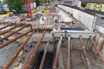 Construction site of highway enclosure at Zurich Schwamendingen at dusk in spring. Photo taken May 5th, 2021, Zurich, Switzerland.