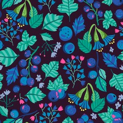 Vector seamless pattern of blue berries, leaves and flowers.
