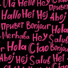 Vector seamless pattern of word hello in different languages.