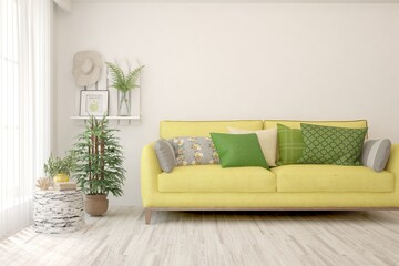 White living room with sofa. Scandinavian interior design. 3D illustration