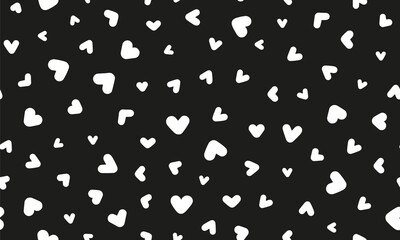 White Hearts Seamless Pattern. Random placed love vector elements all over print on black background.