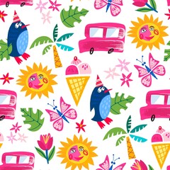 Vector seamless pattern of sunny summer ice cream mood, penguin wearing funny hat, smiling sun, butterfly and Ice cream van.