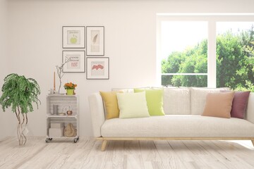 White living room with sofa and summer landscape in window. Scandinavian interior design. 3D illustration