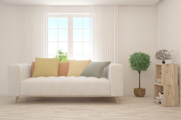 White living room with sofa. Scandinavian interior design. 3D illustration