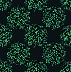 Colorful mandala isolated on dark background. Wrapped gift boxes for the holiday. Seamless Wallpaper pattern. Elegant and classic texture. Luxury ornament. Layout for fabric and textiles, Wallpaper