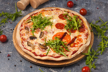 assorted pizza with different fillings: salami, tomatoes, mushrooms, bacon, sun-dried tomatoes. Horizontal frame