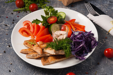 grilled chicken breast with fresh vegetables. Horizontal frame