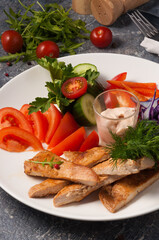 Fototapeta na wymiar grilled chicken breast with fresh vegetables. Horizontal frame