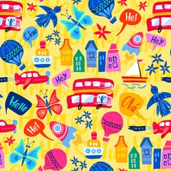 Vector seamless pattern of buses, ships, clouds, air balloons, rockets, colourful houses, flowers and etc.