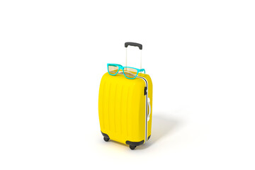 Yellow plastic suitcase, Large polycarbonate suitcase, Travel suitcase, Zipperless Hand Luggage Bag, Trolley Travel Bag 3d rendering. 3d illustration Summer season and travel minimal concept.
