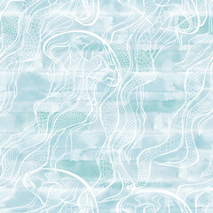 Seamless vector pattern with jellyfish on blue watercolor background. Perfect for design templates, wallpaper, wrapping, fabric and textile. Abstract nature background.