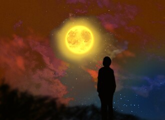 Illustration of a young man looking at starry sky and shining full moon 