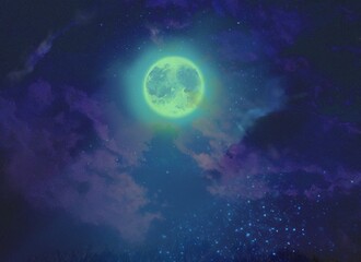 Illustration of full moon and stars in creepy night sky