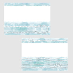 Set of card with ropes, knots watercolor stripes and place for text . Sea ornament concept. Poster, invite. Vector layout decorative greeting card or invitation design background.