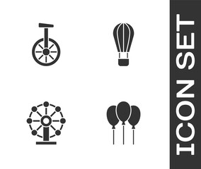 Set Balloons with ribbon, Unicycle or one wheel bicycle, Ferris and Hot air balloon icon. Vector © Oksana
