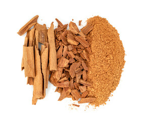 cinnamon sticks and powder isolated on white background