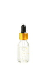 A glass bottle with a pipette with oil, serum isolated on white background with copy space. Flatlay