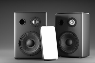 Mockup of a smartphone with a white screen on a background of black music speakers. White screen smartphone mockup for your app design. 3d rendered