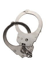 Obraz premium Interlocked handcuffs isolated on a white background. Top view