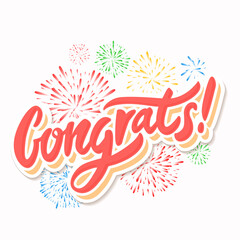 Congrats. Greeting card. Vector handwritten lettering with firework background.