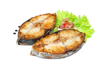 King mackerel or spotted mackerels steak isolated on white background ,fried Scomberomorus fish