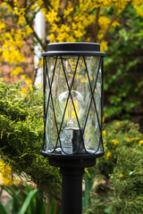 Beautifull black garden lantern on a lag in the green garden