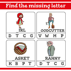 Forest animals Find the missing letter Game for Preschool Children. Vector illustration